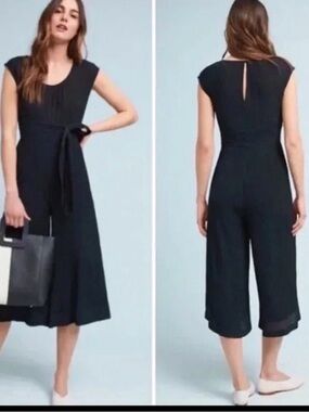 Anthropologie Jumpsuit Black Gauze Wide Leg Crop Pockets Size 6